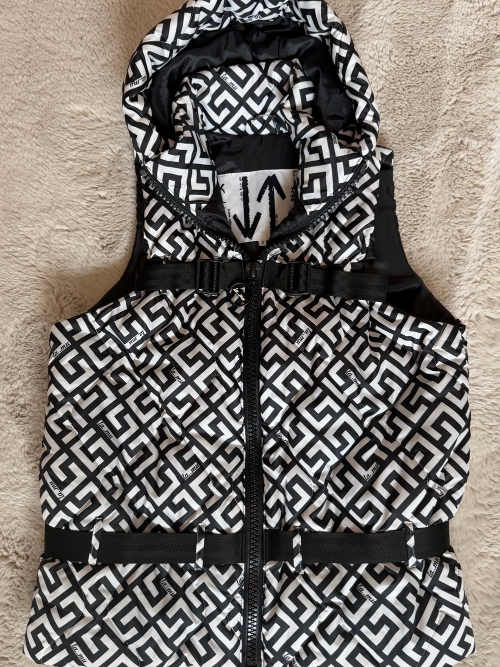 Black & White Geometric Puffer Vest with Hood